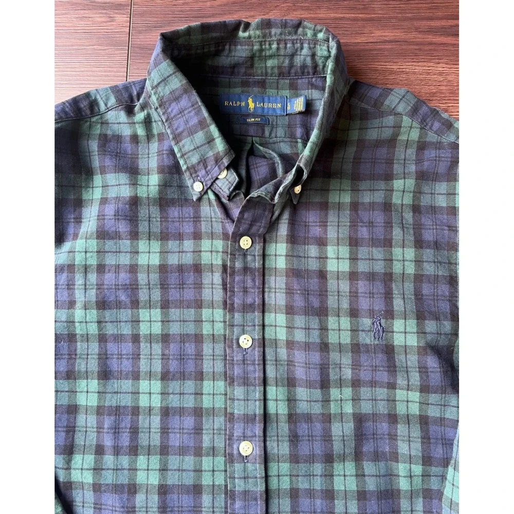 Polo Ralph Lauren Slim Fit Shirt Mens Large Green Navy Black Watch Plaid Cotton